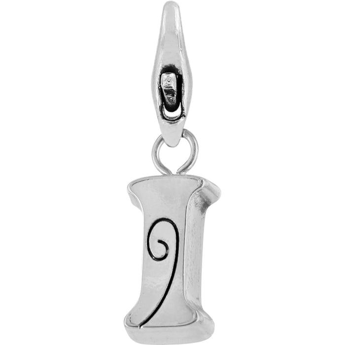 Brighton initial letter I charm with silver-plated finish and engraved swirl detail on a white background