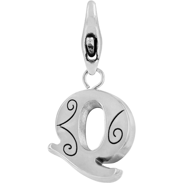 Brighton letter Q charm with silver-plated finish and engraved swirl detail with lobster clasp on a white background