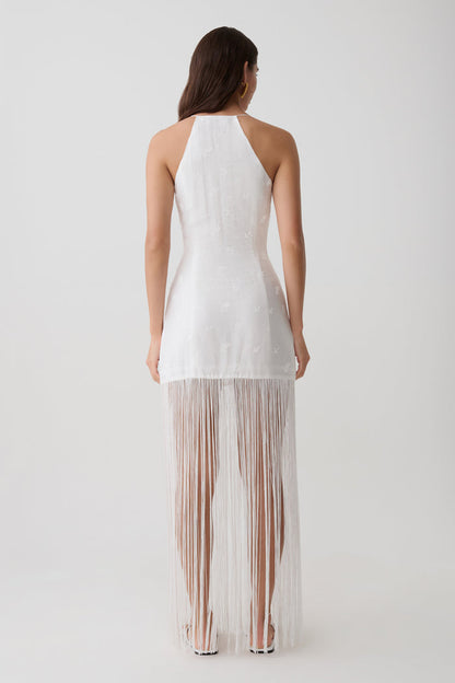 Abigail V Neck Fringe Maxi Dress - White