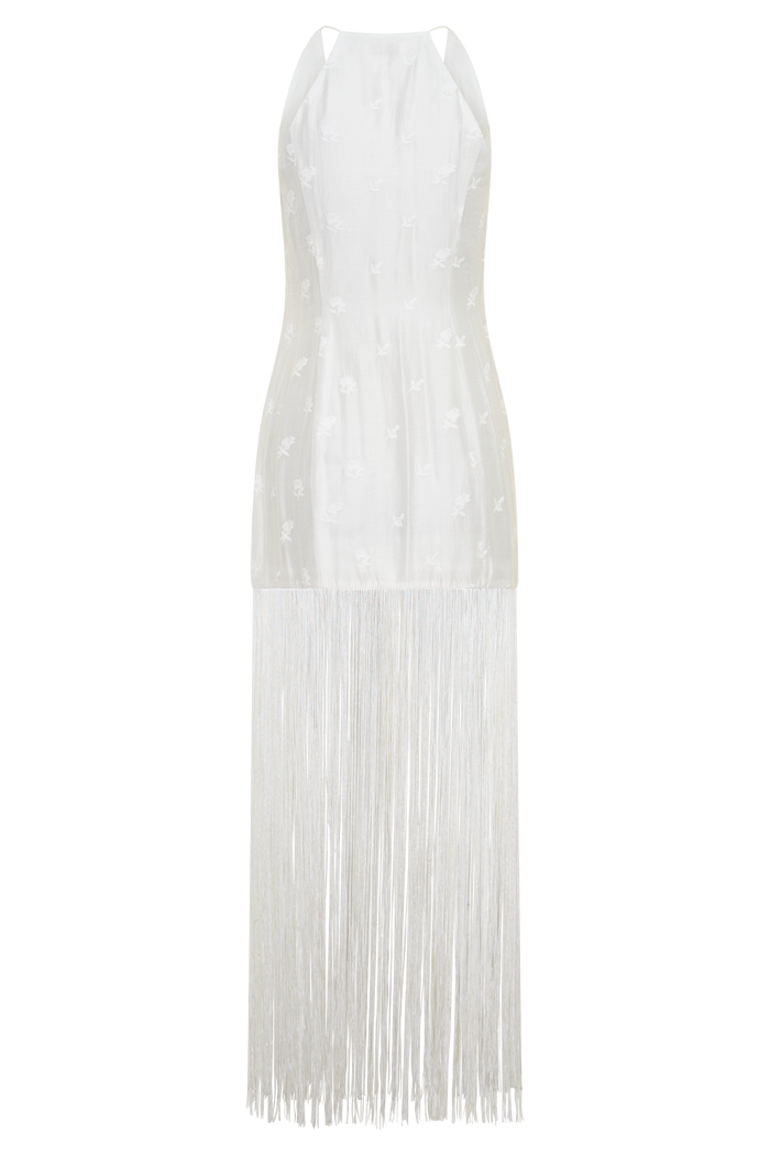 Abigail V Neck Fringe Maxi Dress - White