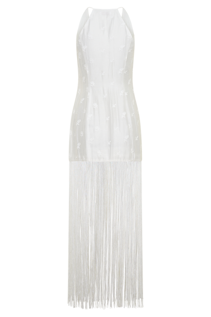 Abigail V Neck Fringe Maxi Dress - White