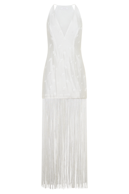 Abigail V Neck Fringe Maxi Dress - White
