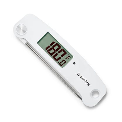 Digital kitchen thermometer displaying 187.3°F on its waterproof screen, silver probe attached.