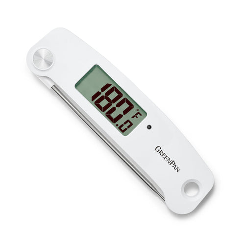 Digital kitchen thermometer displaying 187.3°F on its waterproof screen, silver probe attached.