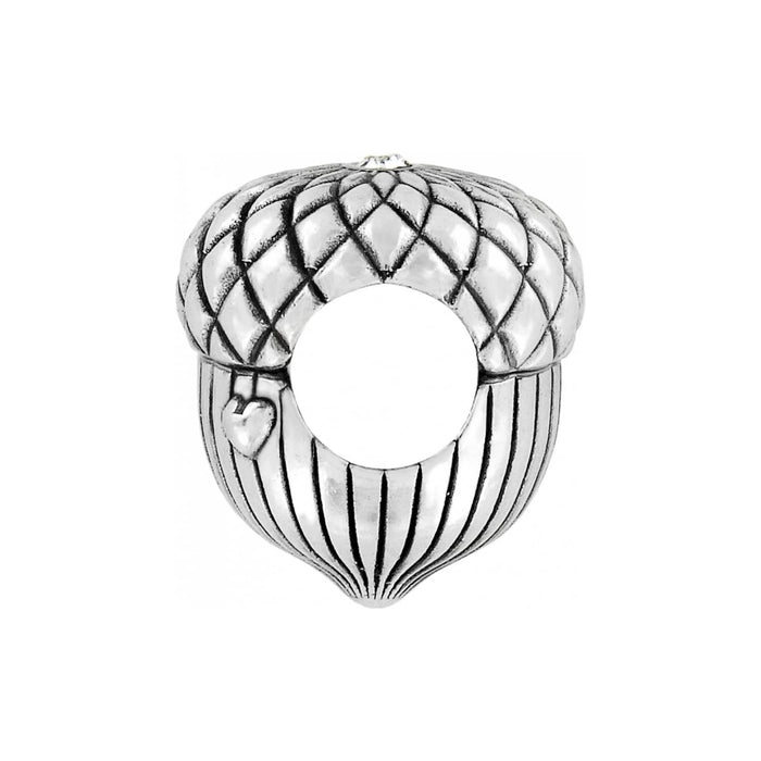 Brighton silver-plated acorn-shaped charm with textured cap, ridged base, and small heart accent on a white background