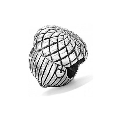 Brighton acorn-shaped charm with silver-plated finish featuring crosshatch cap and ribbed body on a white background