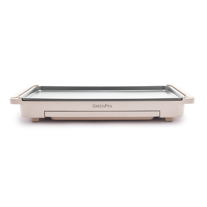 Clay-colored griddle with front-facing warming drawer and side handles, shown from the front.