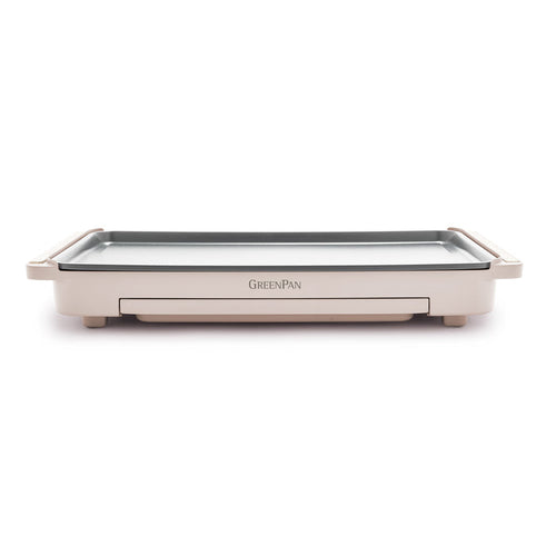 Clay-colored griddle with front-facing warming drawer and side handles, shown from the front.