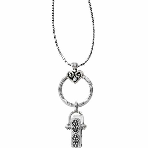 Brighton pendant necklace with silver-plated heart charm, crystal accent, ring holder, and clip charm on a white background