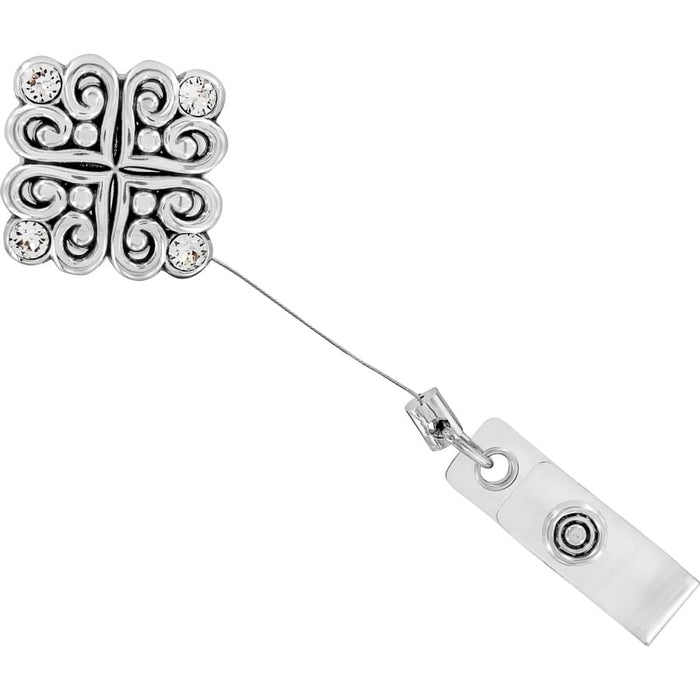 Brighton retractable badge clip with silver-plated scrollwork square, crystal accents, and clip attachment on a white background