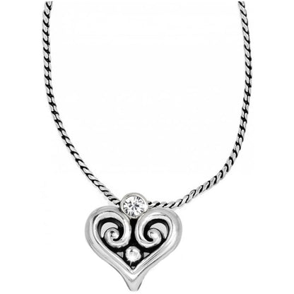 Brighton pendant necklace with silver-plated scrolled heart, crystal accents, and rope chain on a white background