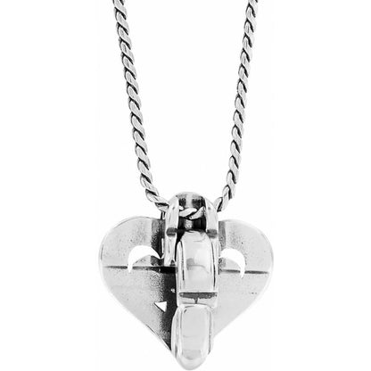 Brighton pendant necklace with silver-plated heart and buckle design on a white background