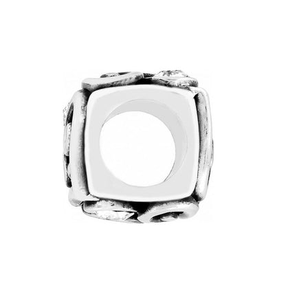 Brighton silver-plated charm bead with square shape, crystal accents, and decorative openwork sides on a white background