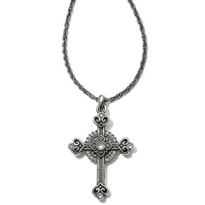 Brighton pendant necklace with ornate silver-plated cross, crystal accents, and rope chain on a white background