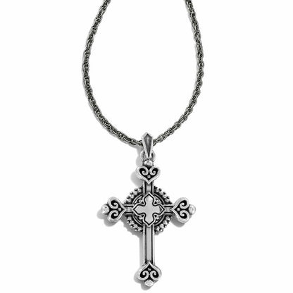 Brighton pendant necklace with silver-plated ornate cross featuring scrollwork and beaded detail on a white background