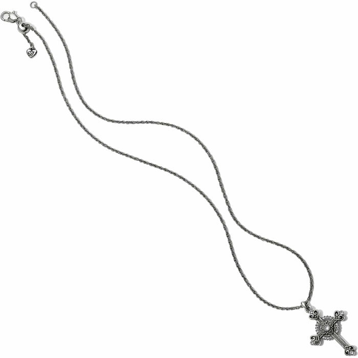 Brighton silver-plated cross pendant necklace with crystal accents and adjustable rope chain on a white background