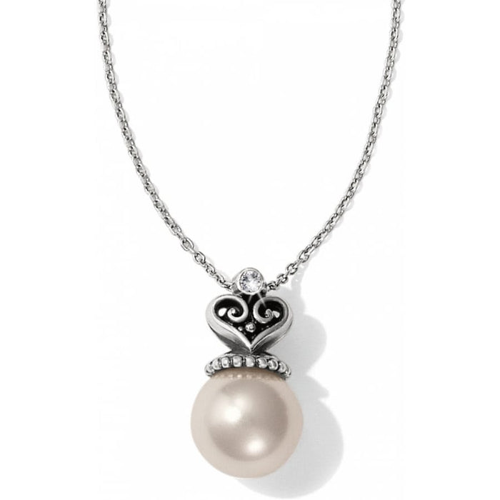 Brighton pendant necklace with large pearl, silver-plated heart filigree, and crystal accent on a white background