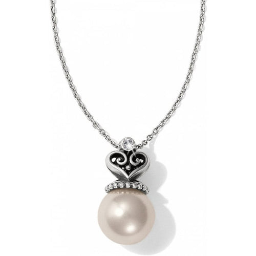 Brighton pendant necklace with large pearl, silver-plated heart filigree, and crystal accent on a white background