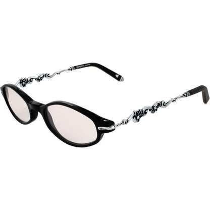 Brighton eyeglasses with black oval frames and silver-tone scrollwork temples with floral detailing on a white background