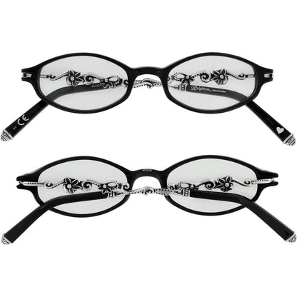 Brighton oval eyeglass frames in black with silver-tone floral scrollwork detailing on temples, shown from two angles on a white background