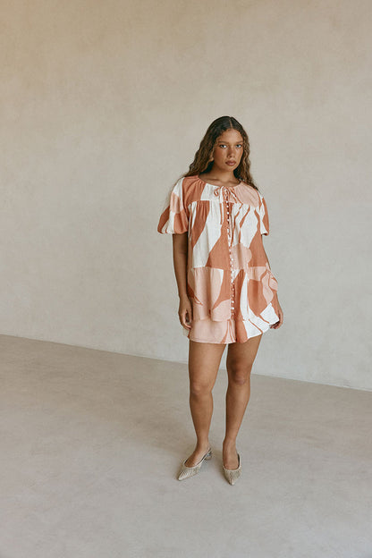 Peach Solanto Print Button Puff Sleeve Ales Top