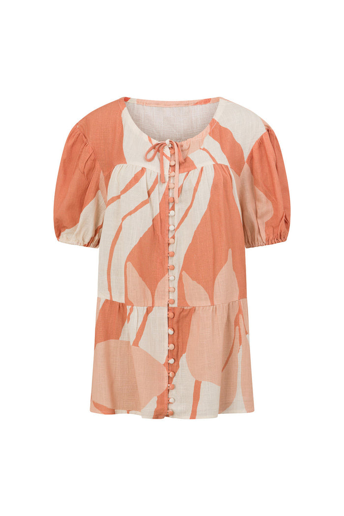 Peach Solanto Print Button Puff Sleeve Ales Top
