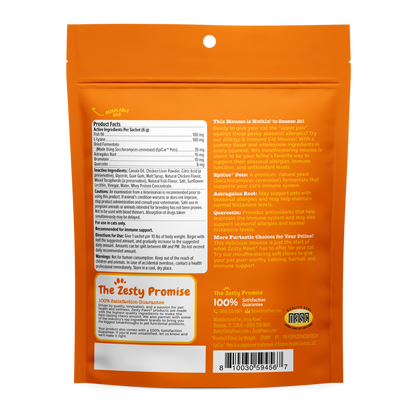 Orange resealable pouch of Allergy & Immune Cat Mousse with product facts, ingredients, and feeding instructions printed on b