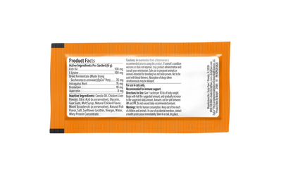 Orange sachet packet with white product facts label listing active ingredients and usage instructions for feline allergy and