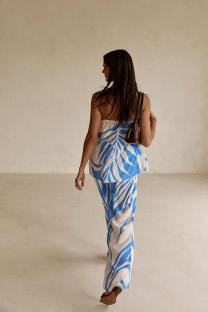 Palm Blue Print Strapless Alma Top