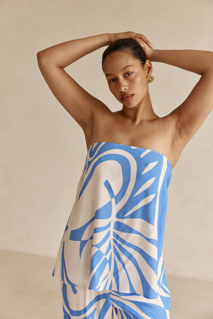 Palm Blue Print Strapless Alma Top