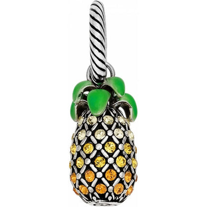 Brighton pineapple charm with yellow crystals and green enamel leaves on a silver-tone twisted bail on a white background