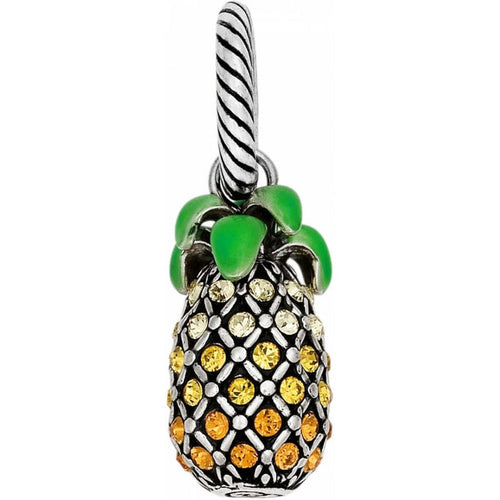 Brighton pineapple charm with yellow crystals and green enamel leaves on a silver-tone twisted bail on a white background