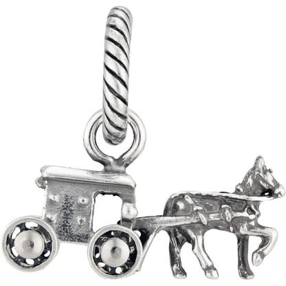Brighton charm featuring silver-plated horse and Amish buggy design with twisted rope bail on a white background