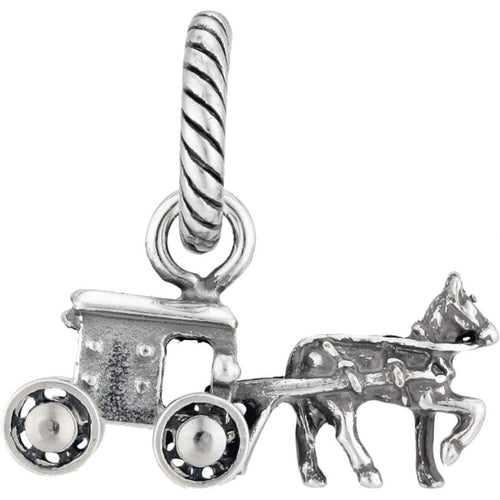 Brighton charm featuring silver-plated horse and Amish buggy design with twisted rope bail on a white background