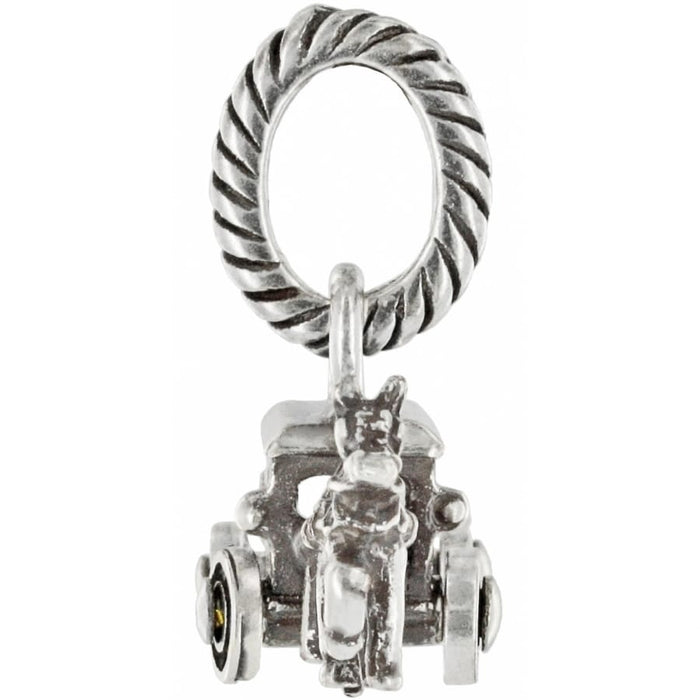 Brighton charm with silver-plated rope-textured loop and horse-drawn carriage motif with wheels on a white background