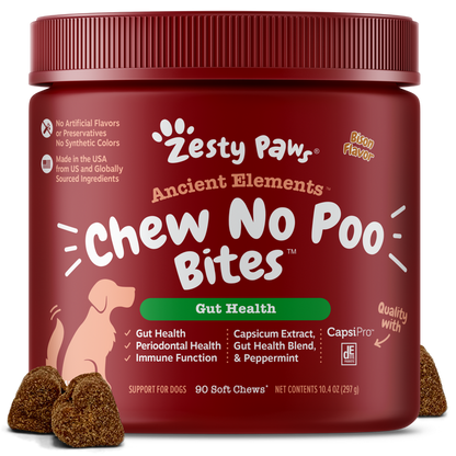 Red jar of Zesty Paws Ancient Elements Chew No Poo Bites with brown soft chew treats displayed in front.