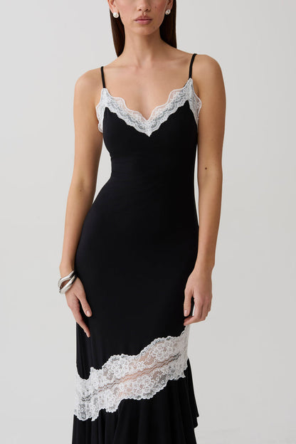 Annis Frilled Hem Lace Midi Dress - Black/White