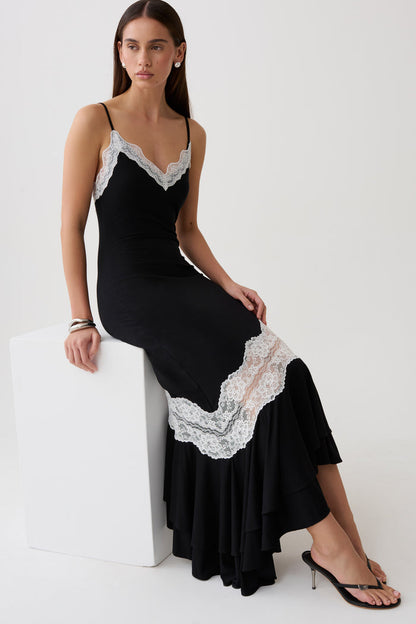 Annis Frilled Hem Lace Midi Dress - Black/White