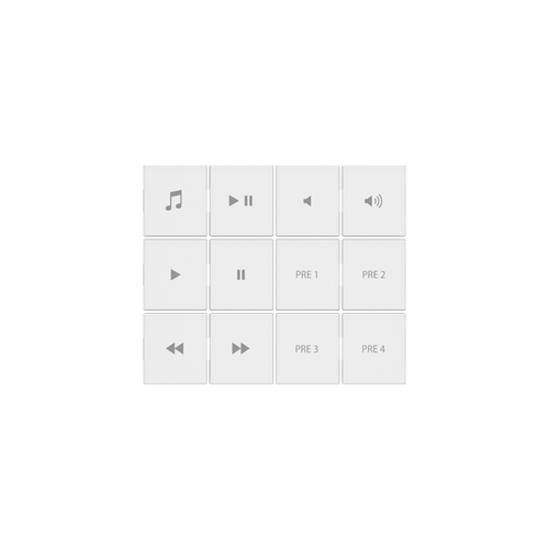 A white audio button kit designed for use with a keypad, featuring various symbols for media control such as play, pause, next track, and volume adjustment.