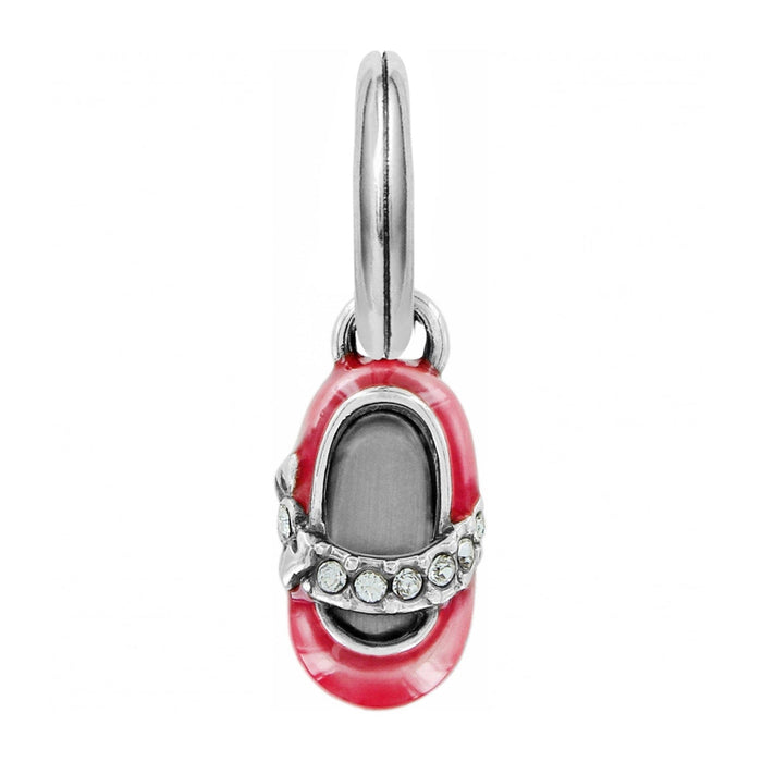 Brighton baby shoe charm with pink enamel finish and crystal-accented strap on a white background