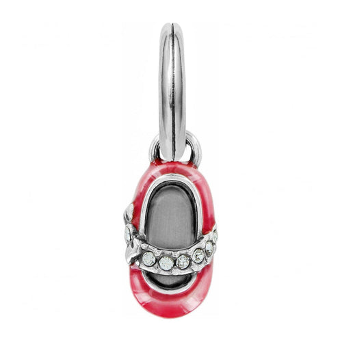 Brighton baby shoe charm with pink enamel finish and crystal-accented strap on a white background