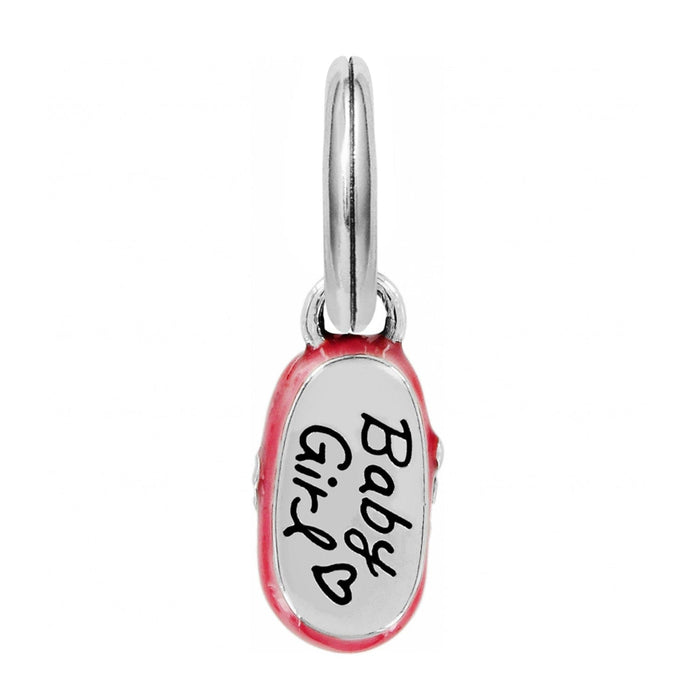 Brighton baby shoe charm with pink enamel finish and engraved Baby Girl text on a white background