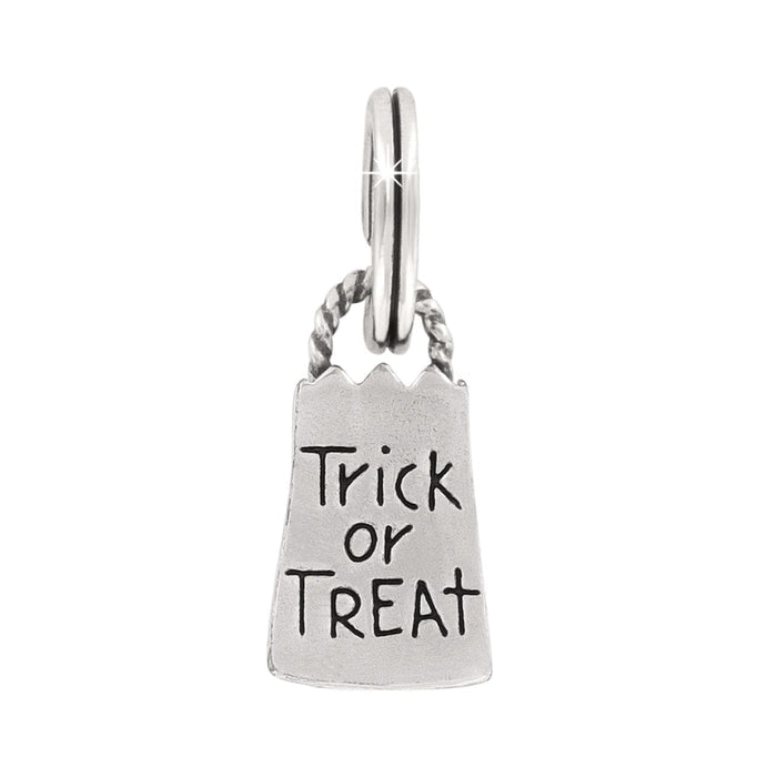 Brighton charm shaped like a silver-plated trick-or-treat bag with engraved Trick or Treat text on a white background