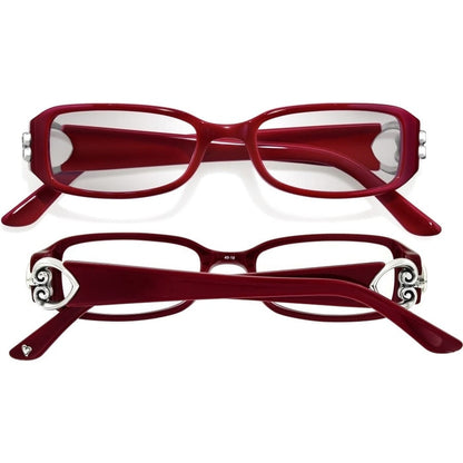 Brighton eyeglass frames in red with silver-tone scroll heart temple accents shown from two angles on a white background
