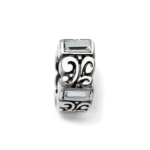 Brighton silver-plated spacer charm with scroll filigree design and clear crystal baguette accents on a white background