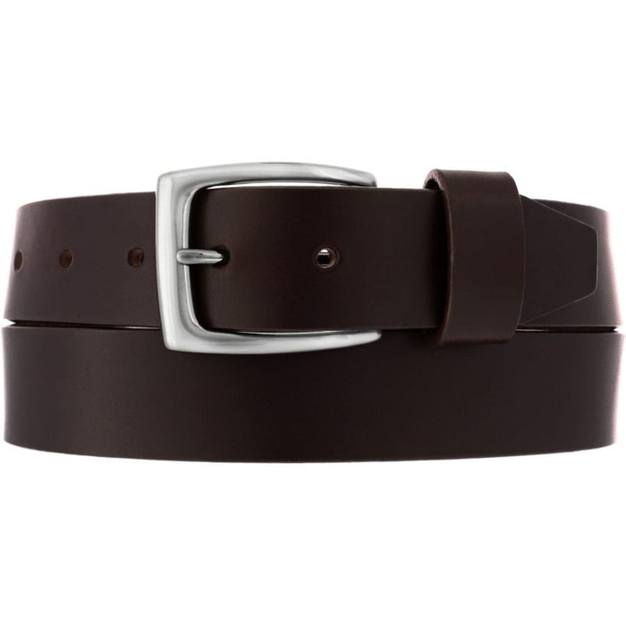 Brighton dark brown leather belt with silver-tone rectangular buckle and single keeper loop on a white background