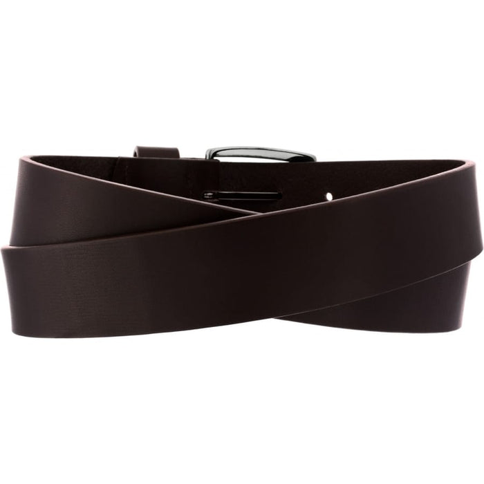 Brighton dark brown leather belt coiled with dark buckle, showing smooth finish and single punch hole on a white background