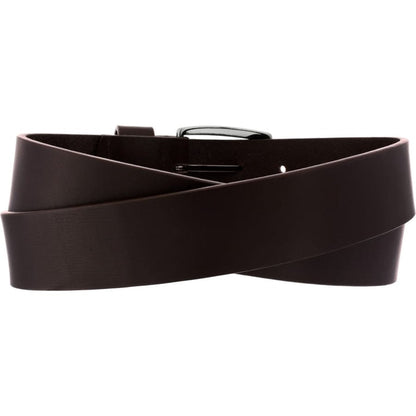Brighton dark brown leather belt coiled with dark buckle, showing smooth finish and single punch hole on a white background