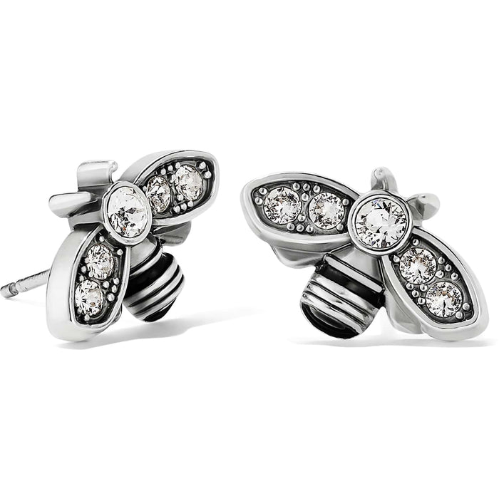 Brighton bee stud earrings with silver-plated finish and crystal-accented wings shown from two angles on a white background