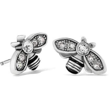 Brighton bee stud earrings with silver-plated finish and crystal-accented wings shown from two angles on a white background